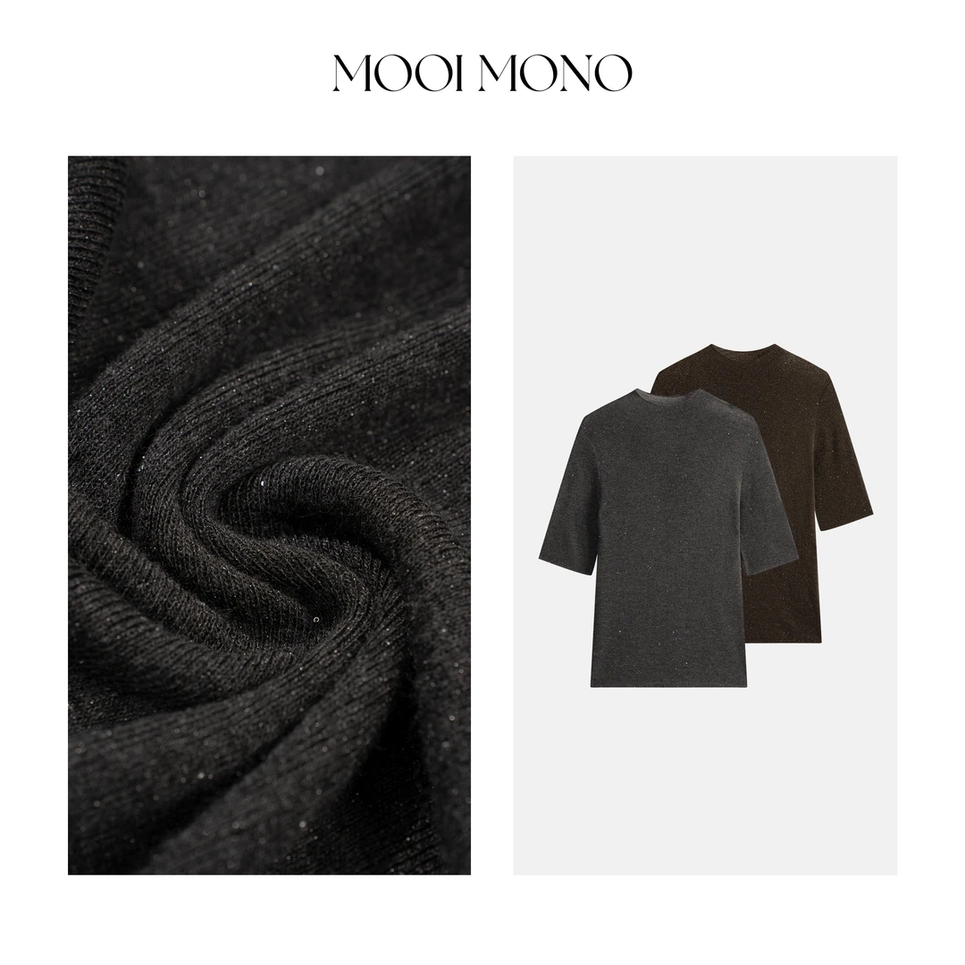 MOOI MONO"银丝特调"显瘦气质珠片半高领五分袖针织打底衫Z894C53
