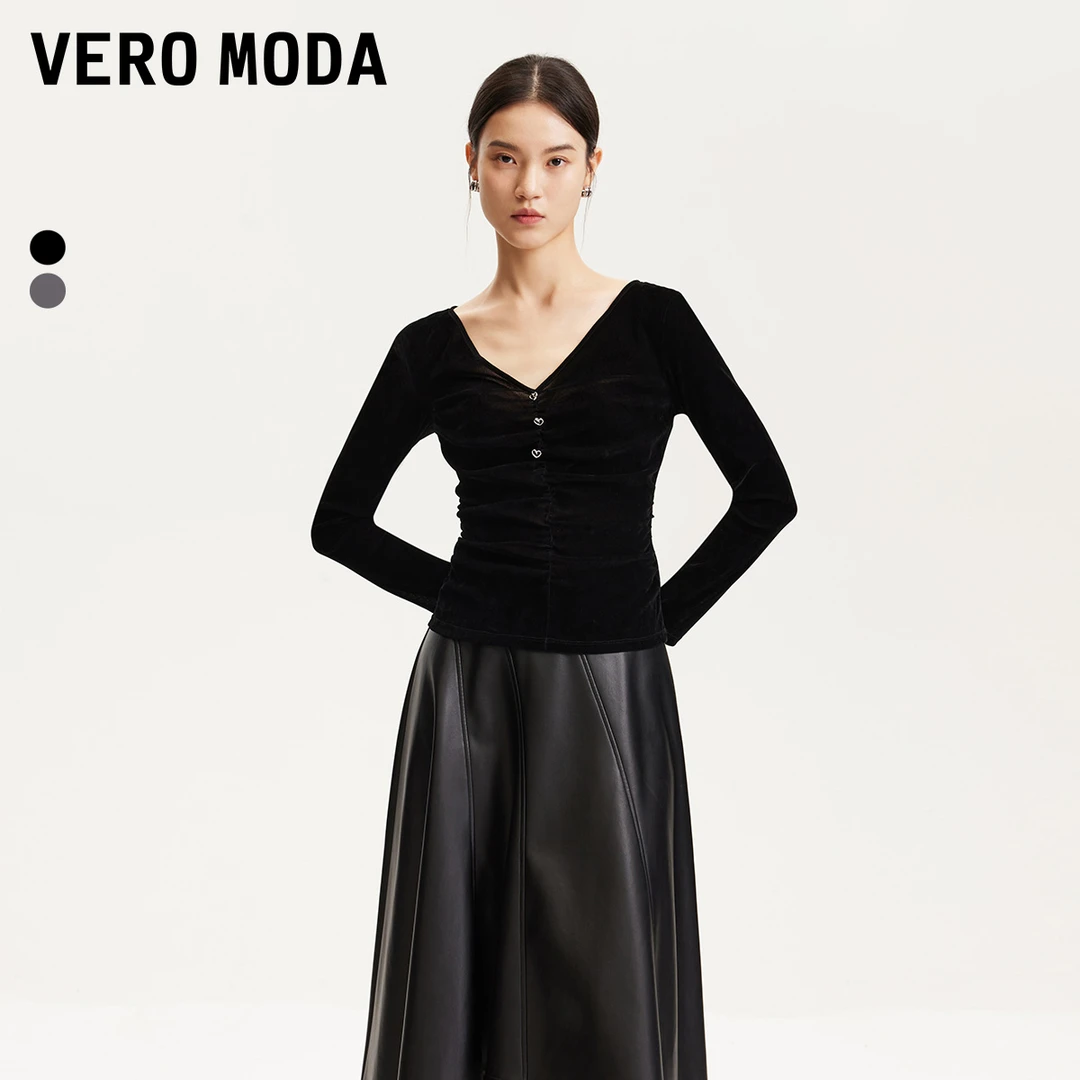 VeroModa新品T恤女丝绒质感千金清冷感贵系衣服洋气设计褶皱小众