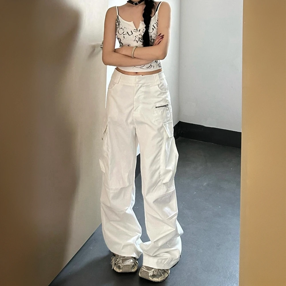 美式高街白色工装裤牛仔裤女春夏新款高腰直筒宽松多口袋阔腿裤潮
