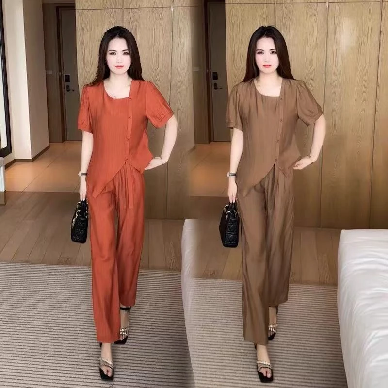 时尚套装女2025新款洋气减龄百搭女装夏装小个子短袖上衣两件套