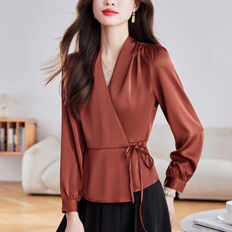 新品v领衬衫女2025春秋长袖纯色缎面修身收腰显瘦气质大码上衣606