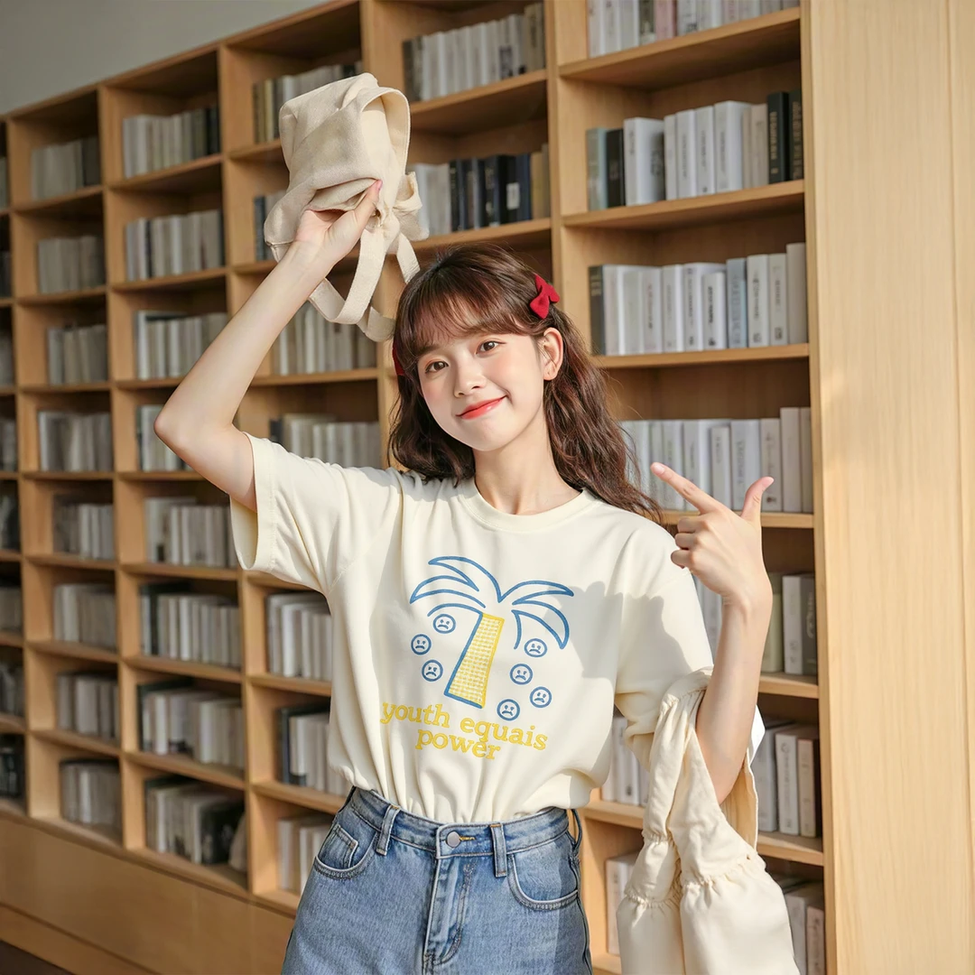 YEP夏季新款印花正肩短袖t恤男女复古情侣装半袖宽松百搭街头上衣