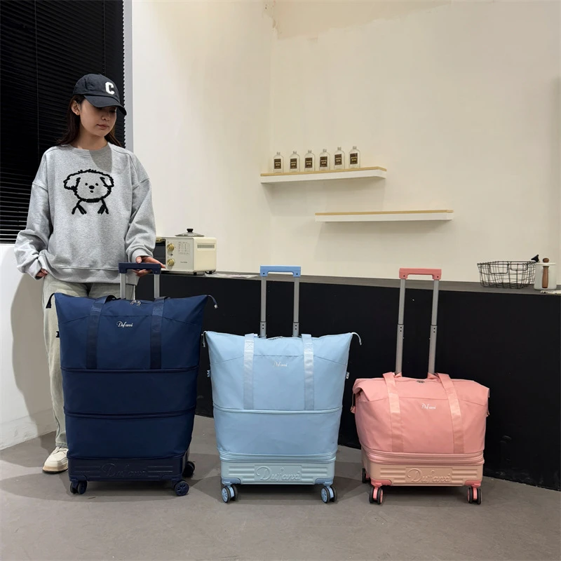 多功能拉杆旅行包可扩展大容量轻便登机单肩包纯色简约万向滚轮包