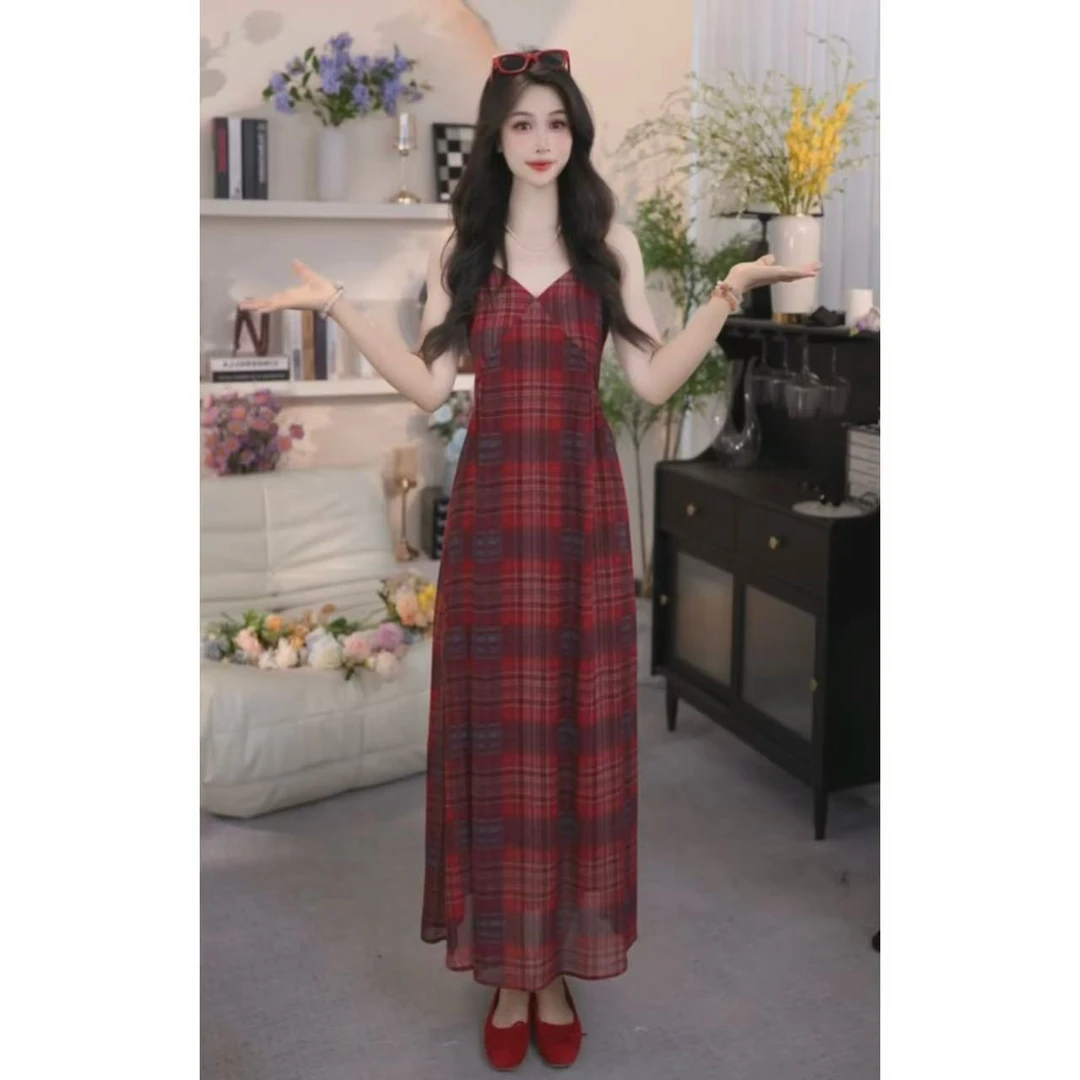 夏蝶妮法式复古红色格子吊带连衣裙显瘦a字裙子内搭气质长裙1378