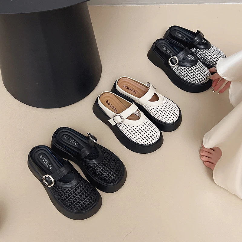 小个子厚底增高玛丽珍半拖鞋镂空编织透气舒适春夏季新款包头拖鞋