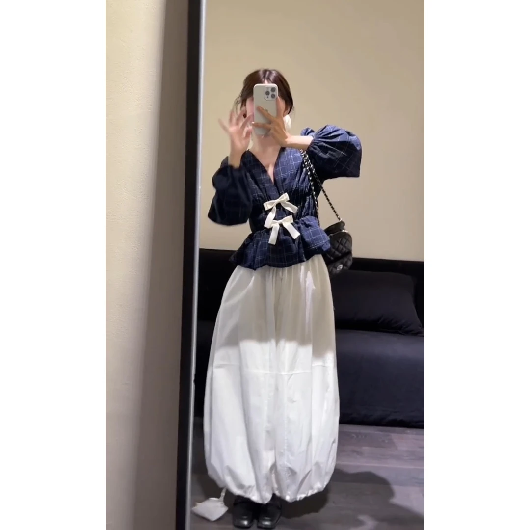MARIE.COCO法式复古蝴蝶结格纹v领衬衫女甜美白色抽绳半身裙套装