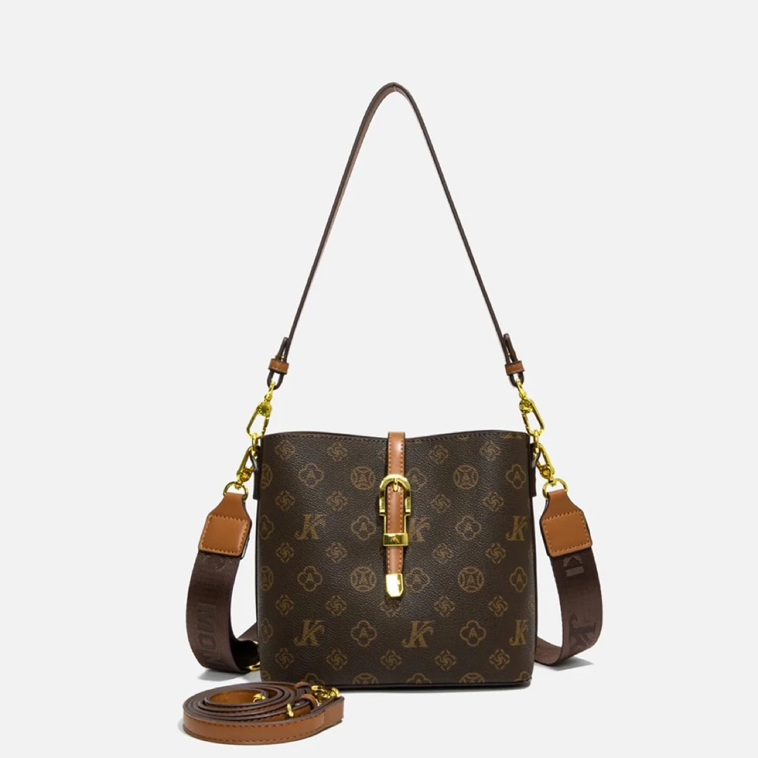 莫妮卡奇奇新款复古风多隔层单肩斜挎水桶包