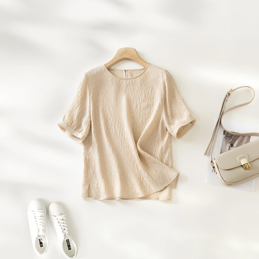 【100%桑蚕丝】数兰朵高端真丝上衣女 冠乐绉压花宽松圆领短袖气质