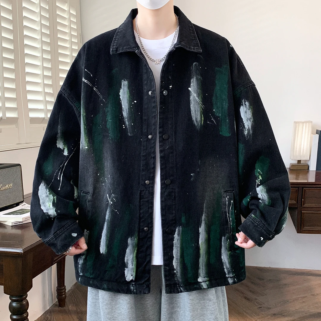 春秋季青少年涂鸦牛仔外套迷彩港风学生流光风夹克潮流宽松上衣服