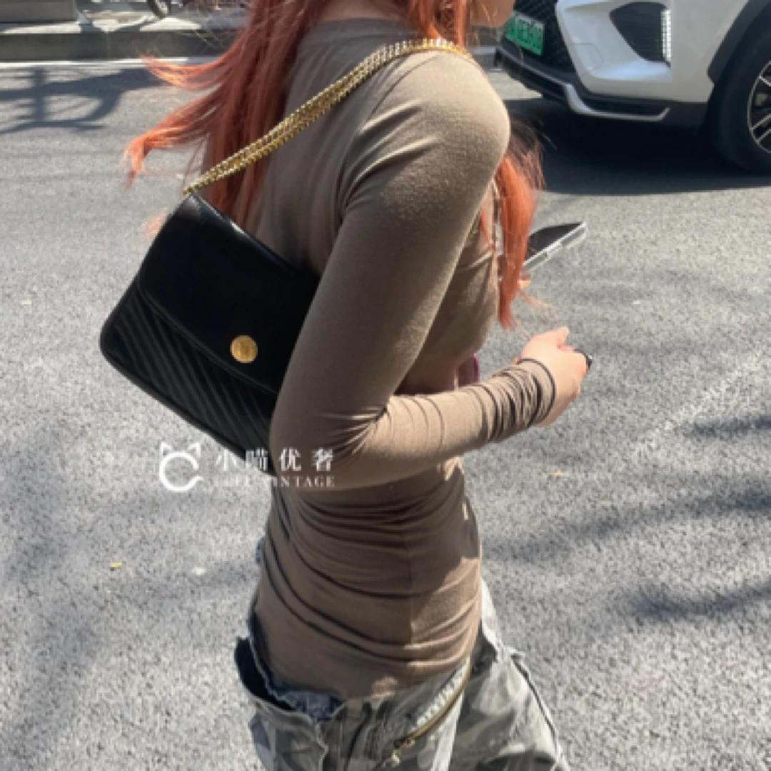 95新 Celine/思琳 黑色真皮黑金斜纹凯旋门logo链条包斜挎包翻盖