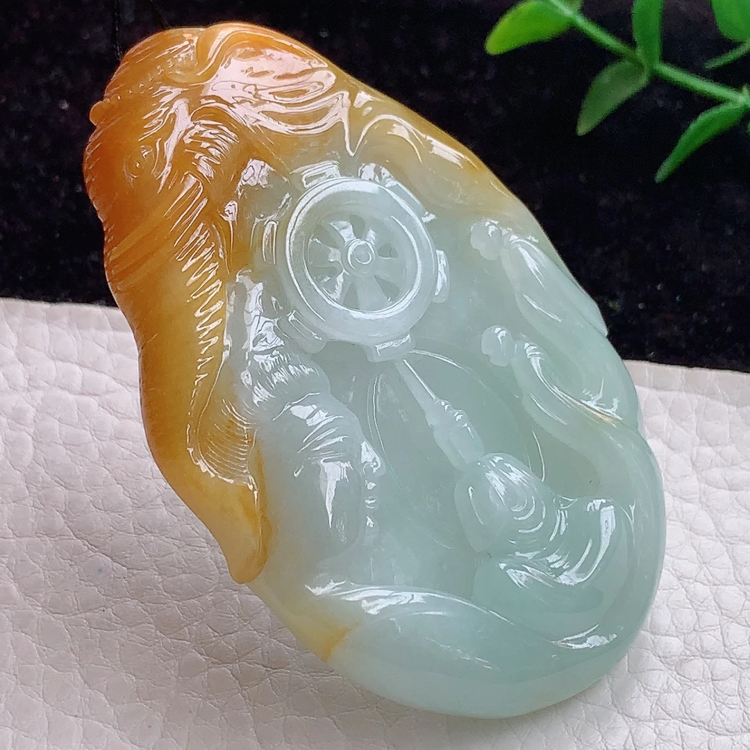 lz双彩天然缅甸翡翠A货普贤菩萨 普度众生玉吊坠71.3*46.3*10.3mm