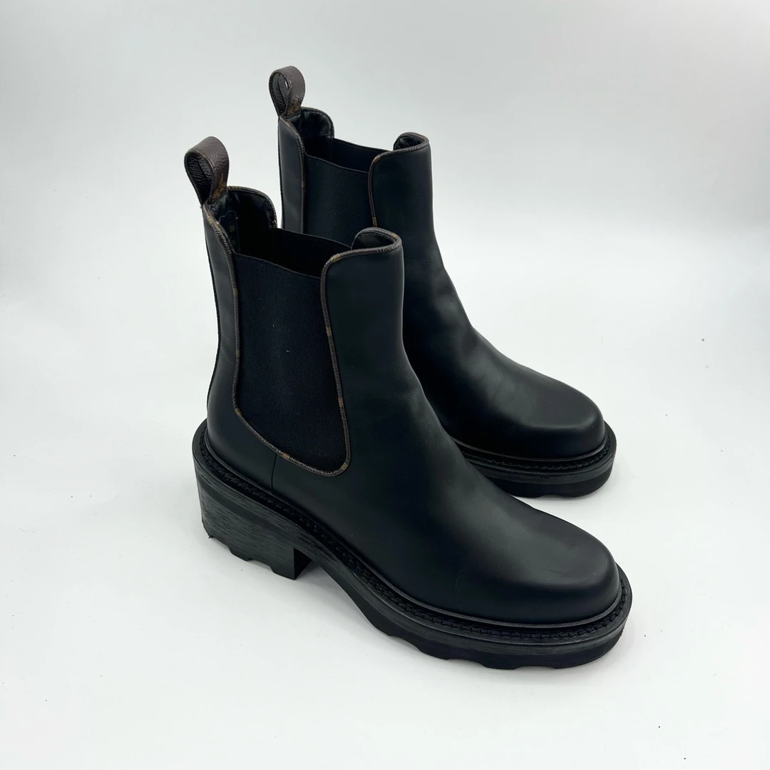 99新 LouisVuitton/路易威登 37码/棕老花拼接切尔西靴/pp426141