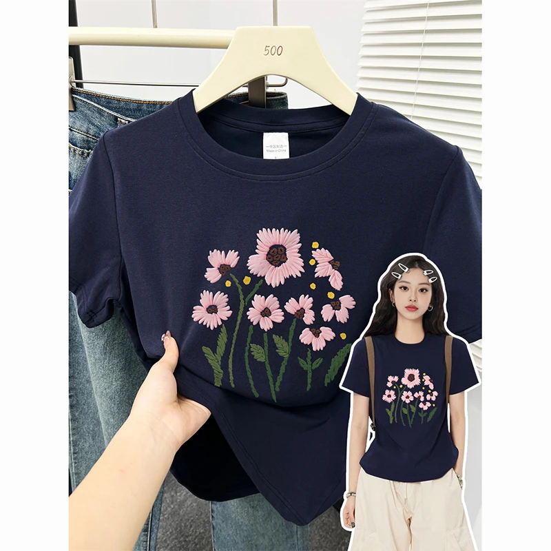 小众花朵修身大码遮肉上衣正肩显瘦复古时尚ins高弹力短袖t恤女生