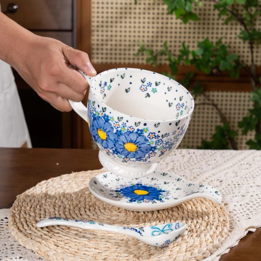 新疆包邮【勿忘我】手绘陶瓷奶杯加厚680ML大容量早餐杯带礼盒