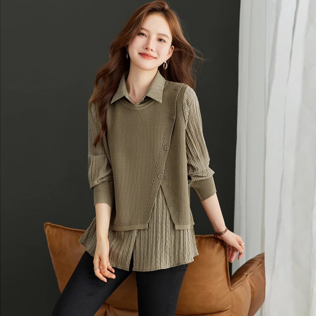 假两件宽松减龄衬衫女时尚洋气不规则针织衫2025秋冬新款百搭上衣