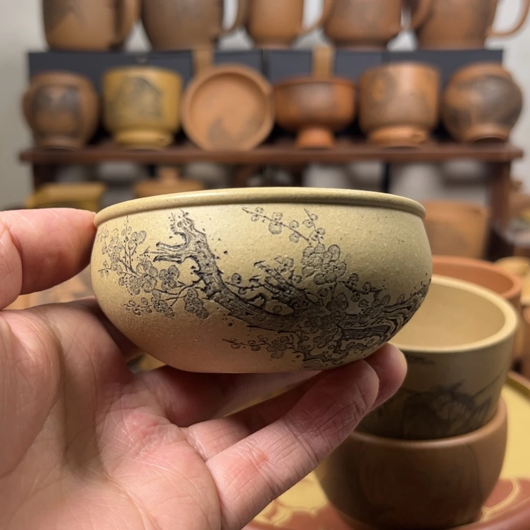 紫砂杯子银****哥福利款无锦盒梅花刻绘紫砂主人杯
