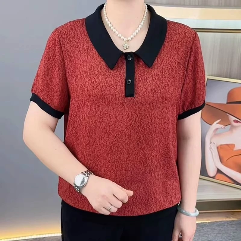 夏季新款时尚翻领印花中老年妈妈装宽松遮肚减龄短袖上衣女士T恤