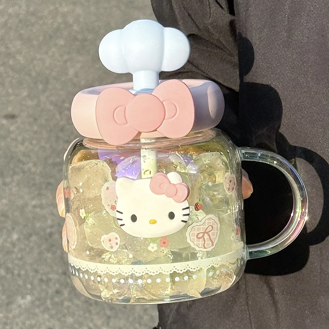Kitty玻璃杯吸管杯女生高颜值大容量办公室桌面吸管大肚杯带手柄