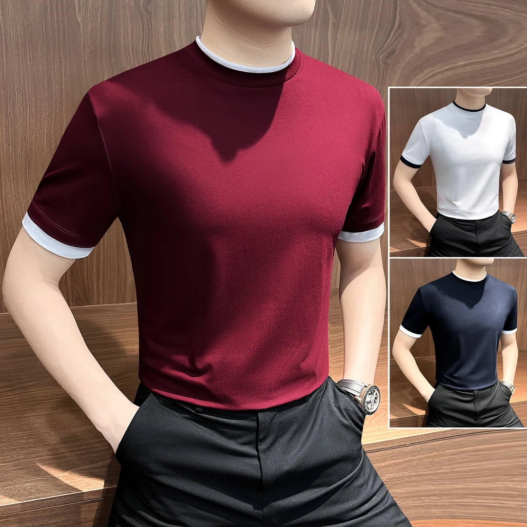 莫代尔撞色男士短袖t恤夏季男款爆款2025新款男装痞帅修身上衣服