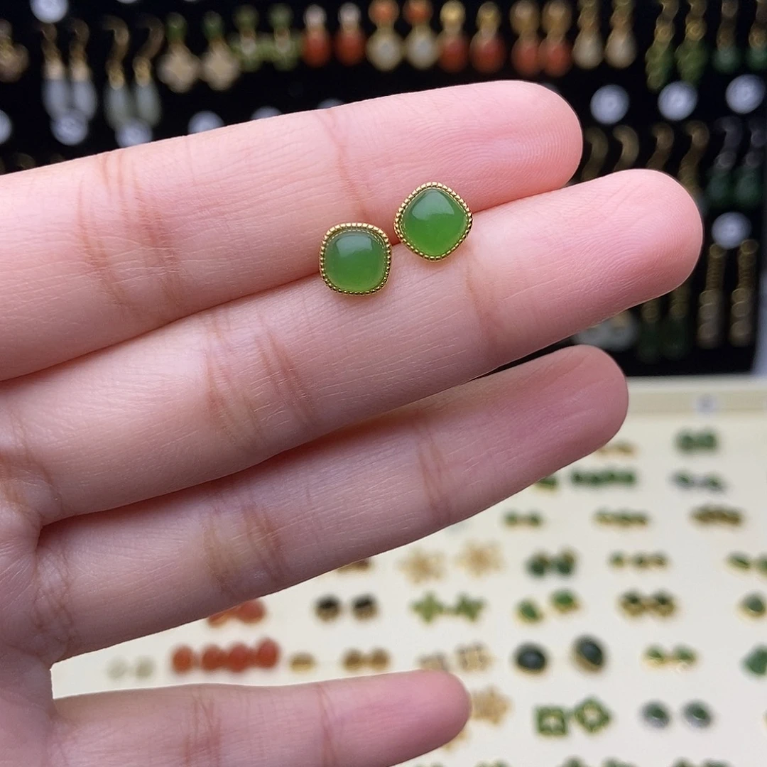 和田玉银S925镀金镶嵌耳饰