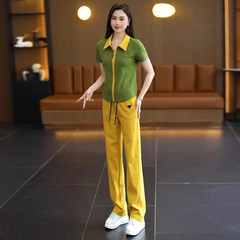 时尚洋气修身显瘦休闲短袖上衣直筒裤两件套女气质减龄运动服套装