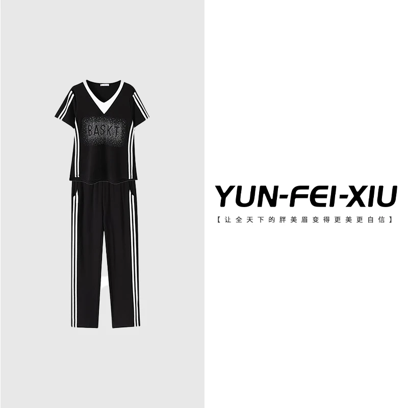 云妃秀大码女装套装休闲胖妹妹显瘦宽松上衣裤子两件套夏5010AB