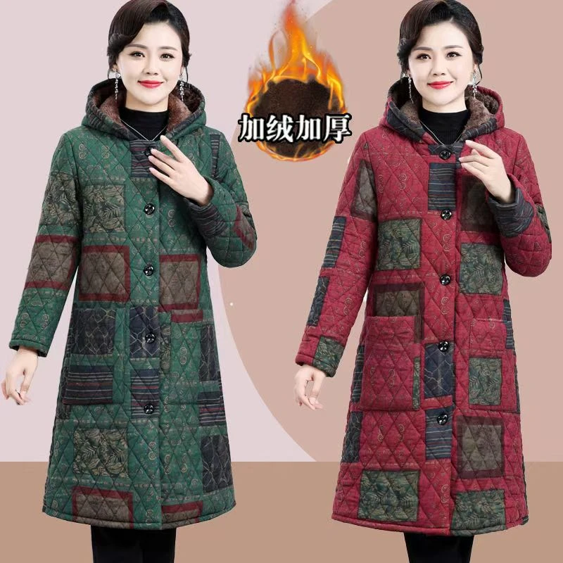 冬季新款加绒加厚棉衣棉服长款大码中老年妈妈装棉袄冬装保暖外套