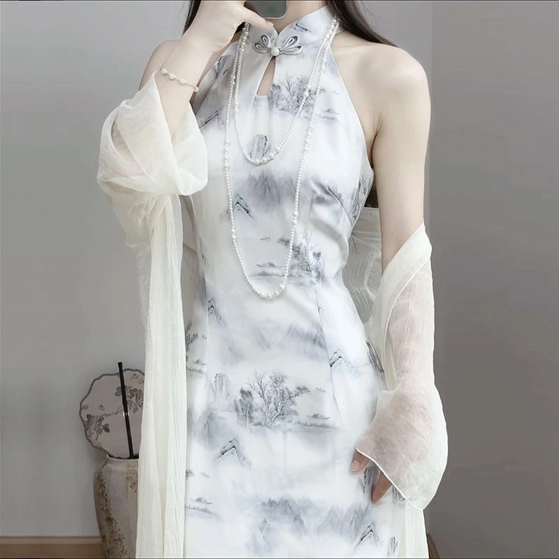 旗袍新款改良国风夏季年轻款绝美气质新中式挂脖少女连衣裙女套装