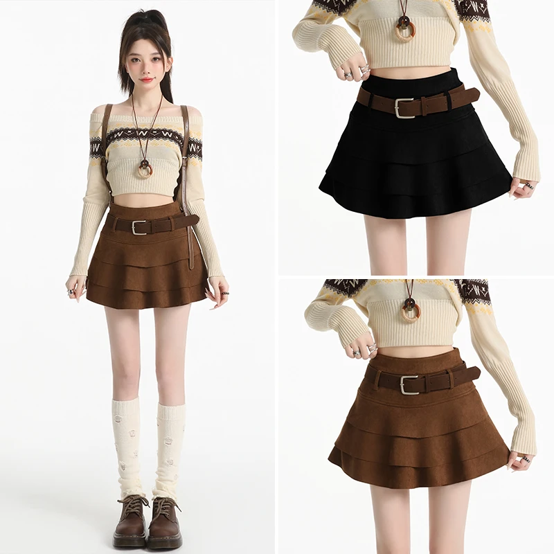 2025秋冬新款鹿皮绒A字半身裙高腰显瘦黑色短裙小个子防走光女装