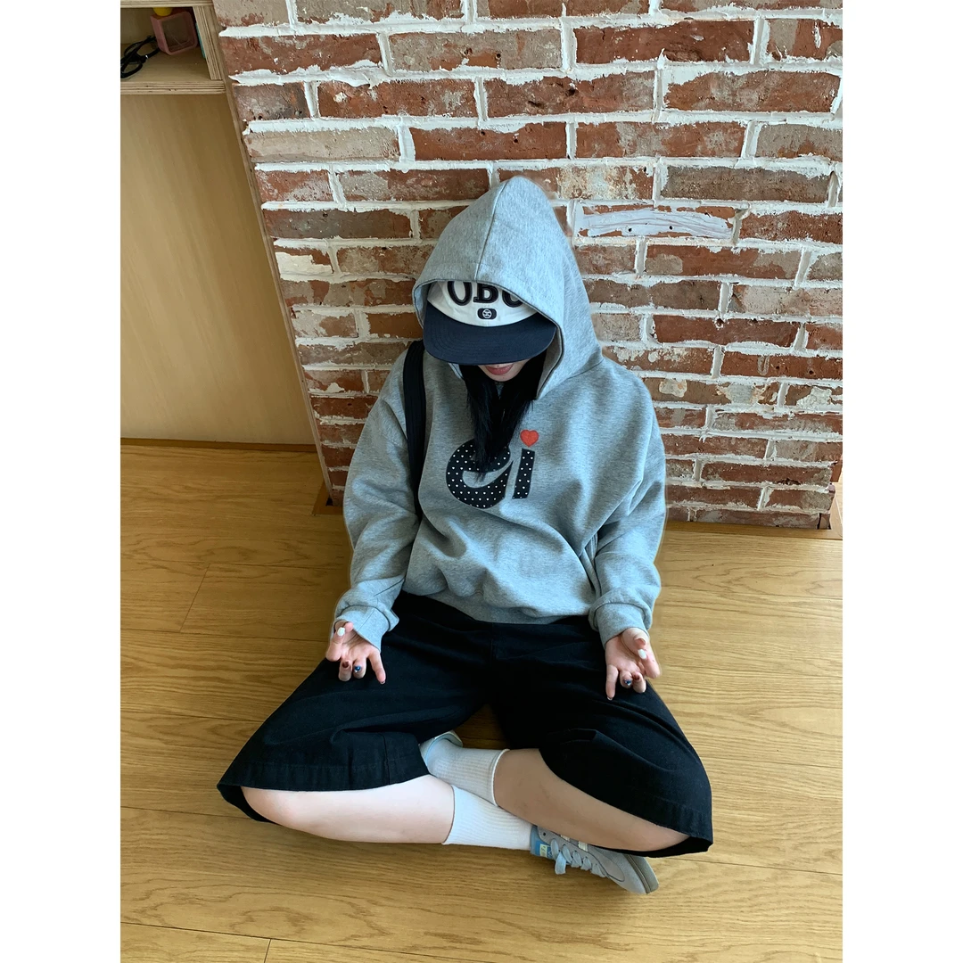 木子羊 波点e字母贴布刺绣卫衣秋冬季宽松休闲情侣连帽卫衣加绒潮