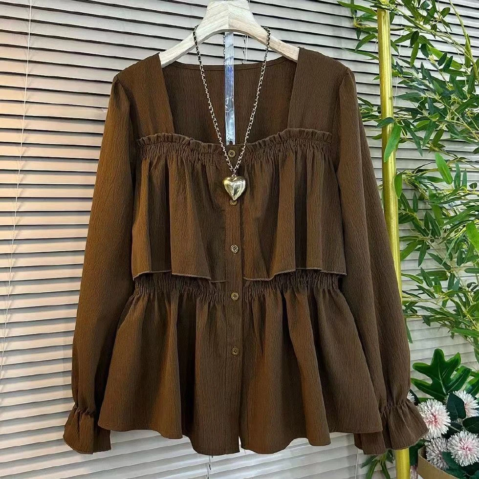 2025秋季新款大码女装洋气时尚显瘦遮肉方领收腰气质长袖女人小衫