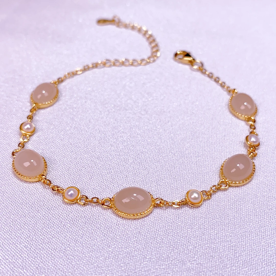 天然和田玉青海料藕粉熟粉925银蛋面手链手饰女款气质时尚@0266