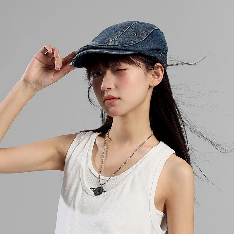 冷大娘 中大童纯棉复古超酷牛仔贝雷帽小众设计时尚前进帽亲子