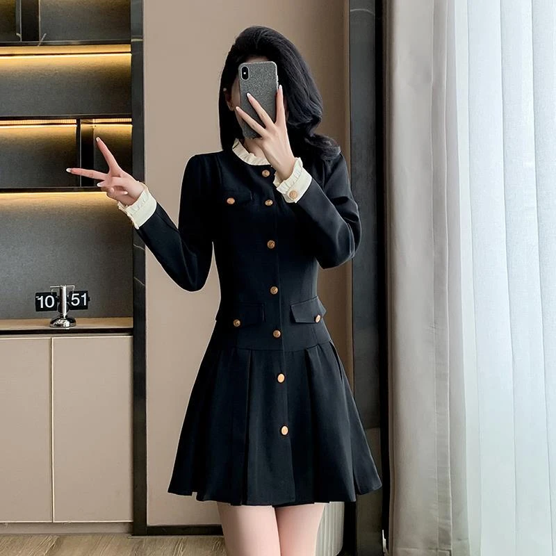 实拍法式复古气质通勤连衣裙长袖秋冬黑色女秋季新品感裙子小个子