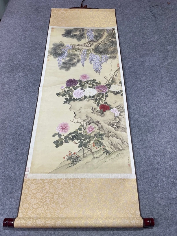 精装精裱45×140《藤花牡丹图》国画