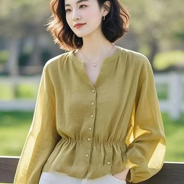 衬衫女2025新款春季爆款轻奢高级感法式收腰气质芥末绿色衬衫上衣
