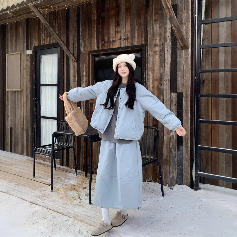 实拍~宽松连帽卫衣女+圆领长袖棉服棉衣外套+半身裙三件套装女装