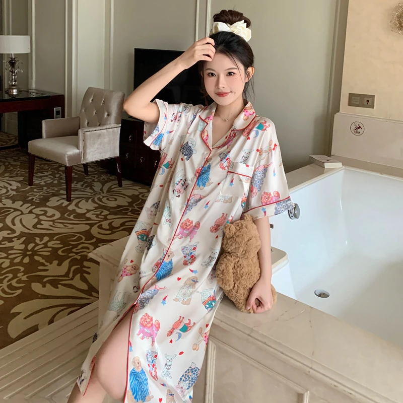 ins风宠物狗印花冰丝睡裙高级感夏季新款甜美衬衫睡衣裙