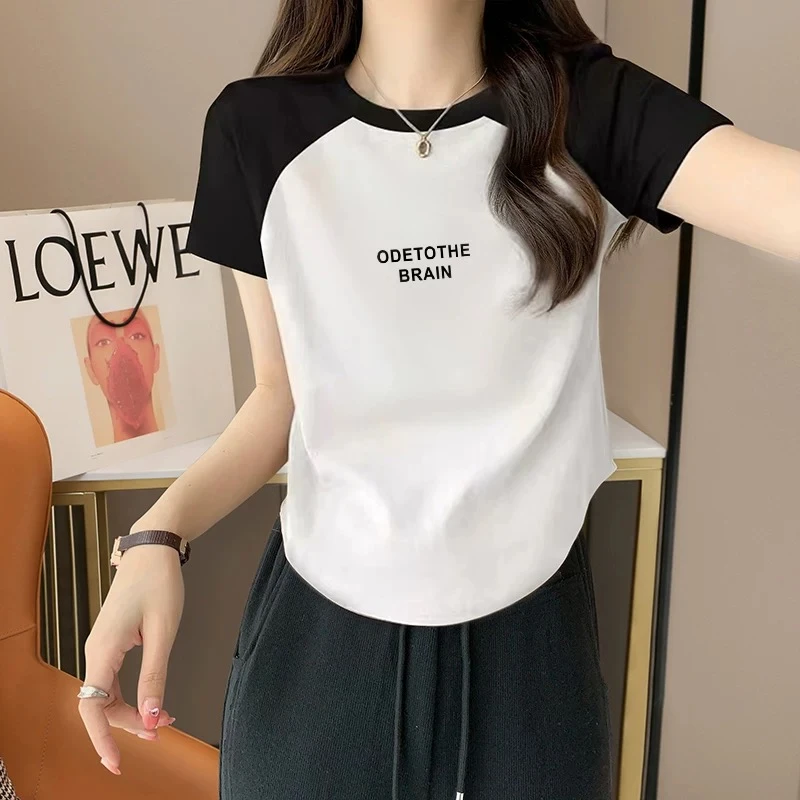 2561#撞色插肩短袖白色T恤女夏装显瘦半袖打底衫潮不规则下摆上衣