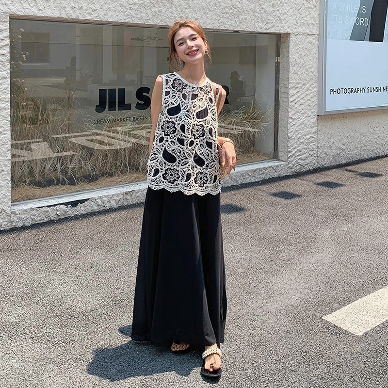 轻熟风韩系蕾丝钩花马甲套装女夏新款气质女神范吊带裙两件套长裙