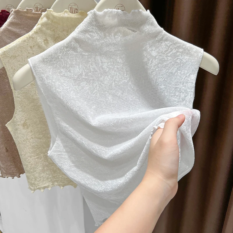 半高领蕾丝打底衫女洋气内搭假领子无袖丝绒背心春秋新款网纱上衣