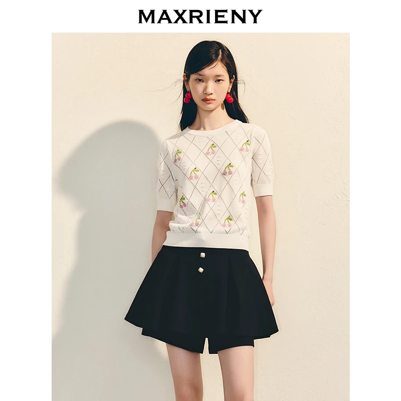 MAXRIENY法式菱格提花套头针织衫女25夏季新款中袖修身气质上衣