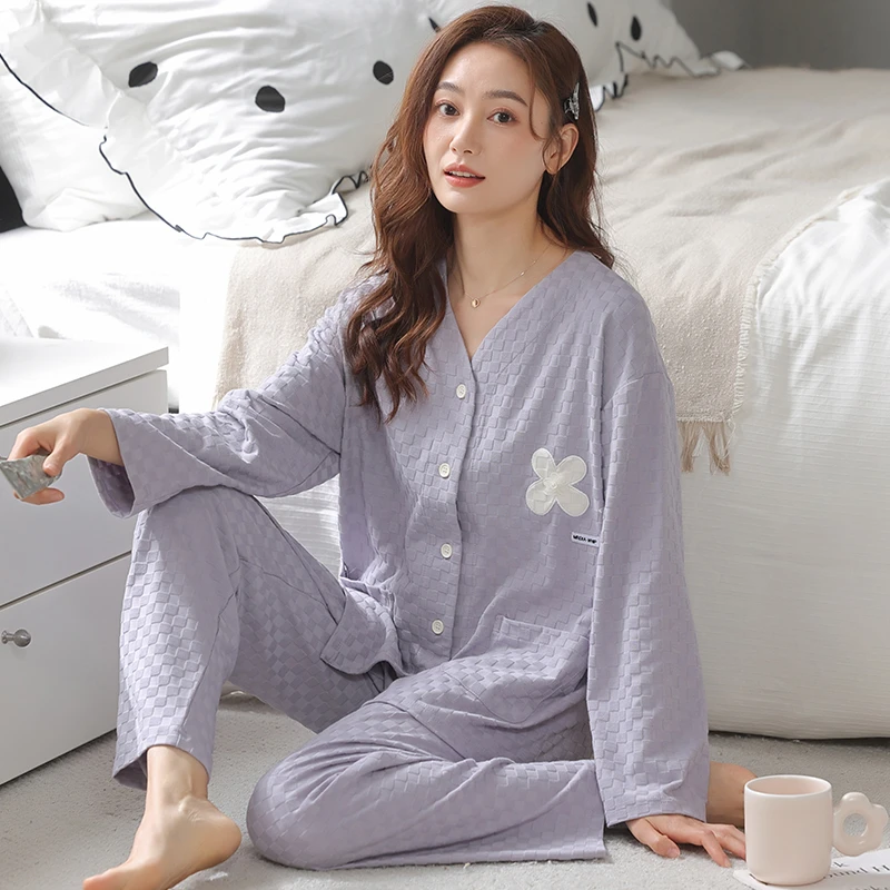 浪莎棉质睡衣女长袖春秋季外穿休闲大码全棉提花家高级感居服套装