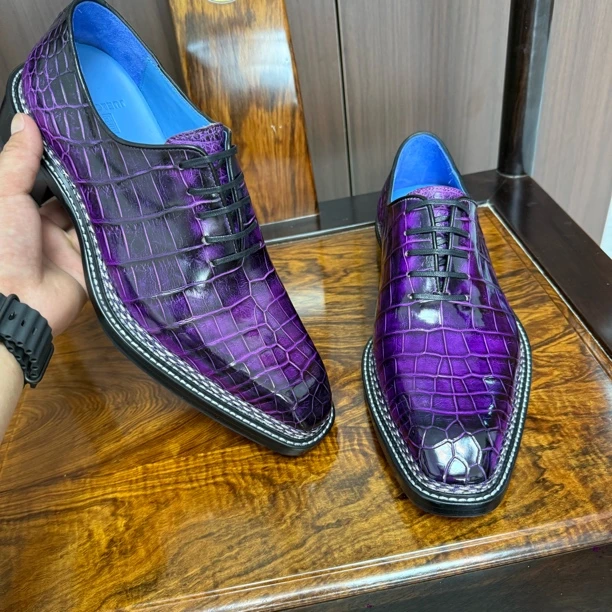 湾鳄手擦色天方夜谭紫纯手工系带防臭通用固特异牛津鞋方跟男士