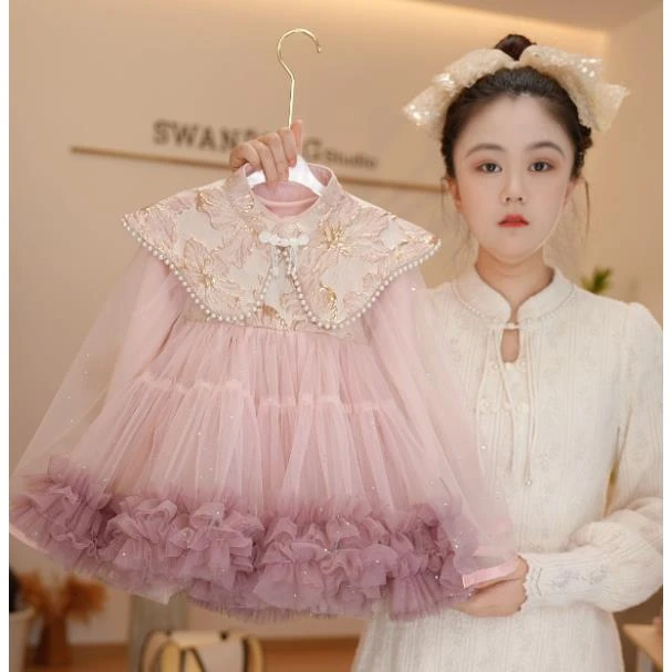 【Y.a2855】25新款女宝重工珍珠云肩国风网纱公主裙女童甜美连衣裙