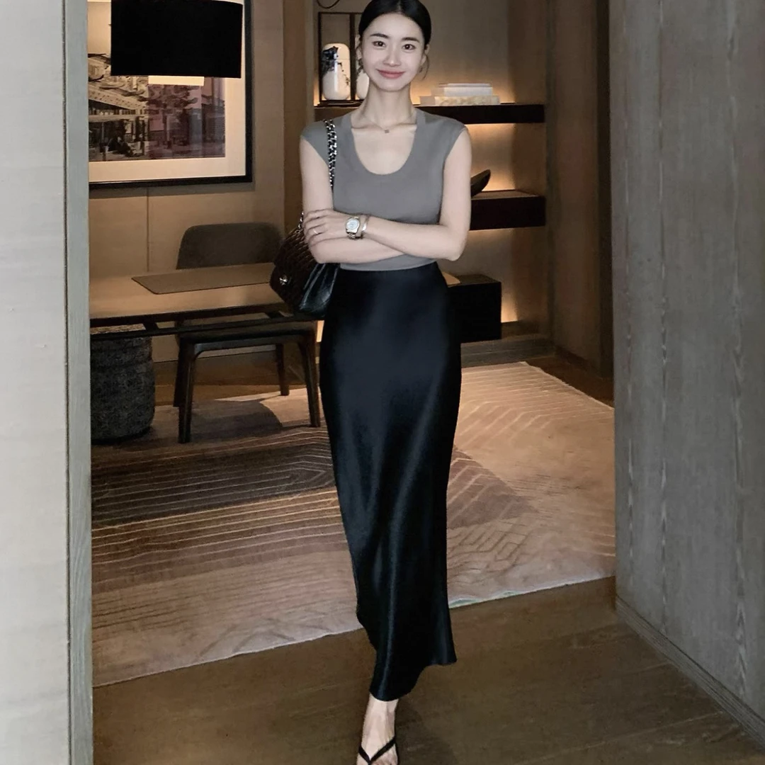 优雅自在~高比例醋酸斜裁半身中长半裙~