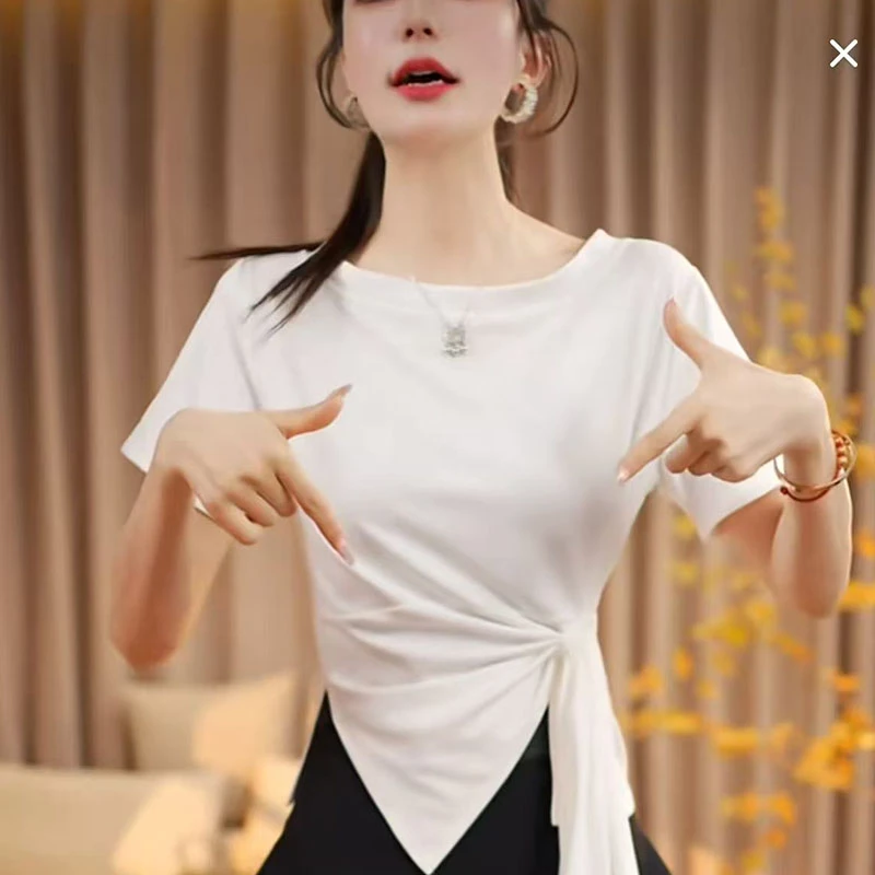望巷 不规则设计绑带短袖T恤女2025夏季新款修身显瘦洋气上衣