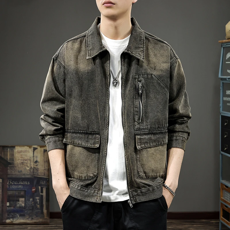 皮尔卡丹美式痞帅翻领牛仔外套男秋冬新款水洗做旧工装夹克上衣潮