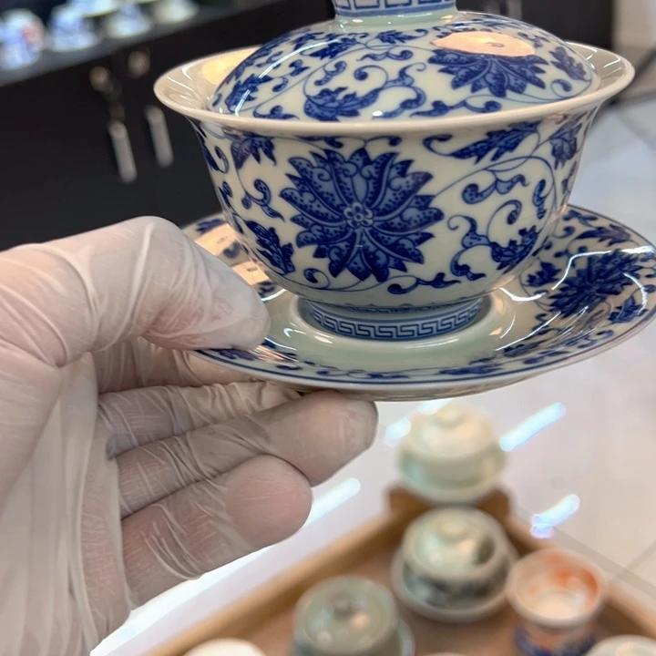 瓷片白青花缠枝莲元宝盖碗全品