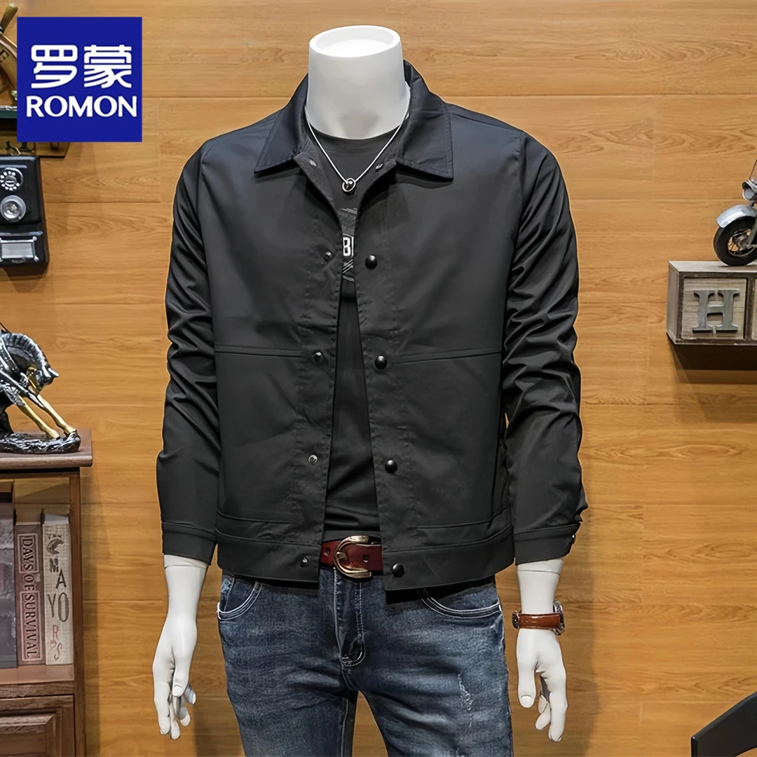 Romon/罗蒙潮牌行政夹克薄外套男士春秋新款工装修身休闲翻领上衣